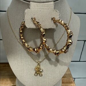 Gold Bamboo like Hoop Earrings and Poodle Pendant Necklace